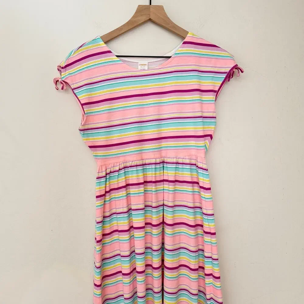 Gymboree Girls Rainbow Stripe Midi Dress XL 14 Knit Cap Sleeve Twirl Soft Preppy